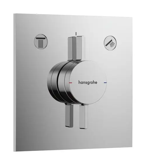 Chromfarbenes Bedienelement von Hansgrohe mit zwei Griffen und Symbolen für Dusche und Wasserabfluss auf glattem, quadratischen Untergrund.